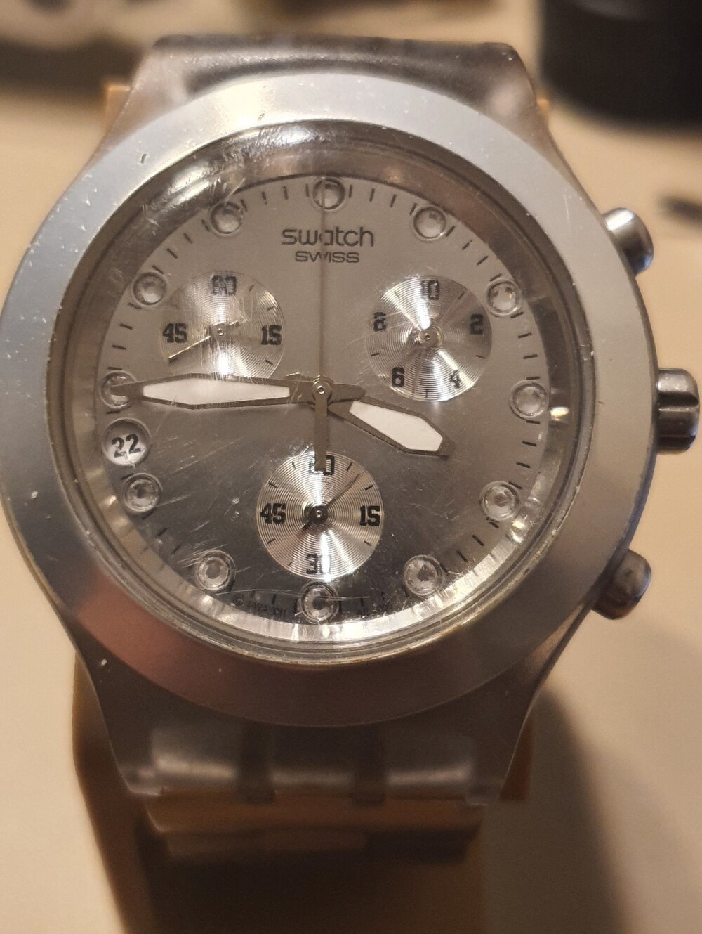 Vtg Swatch Irony Diaphane Collection Silver Chronograph Unisex Watch w/Date